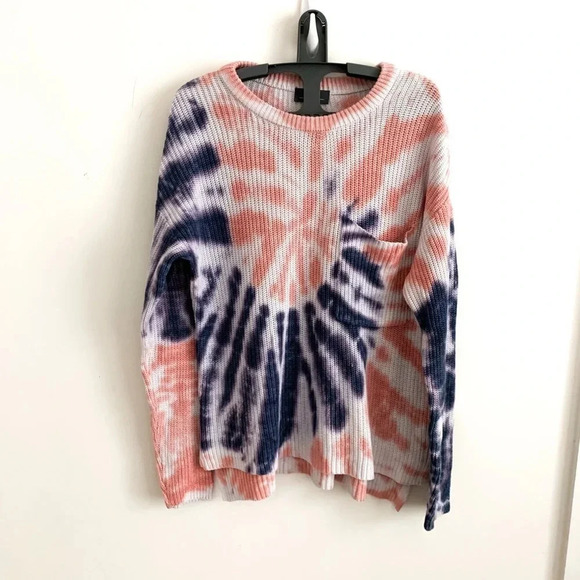 Women's Pink Navy Tie Dye Knit Sweater SZ S Long Sleeve Pullover Top Lightweight - Picture 2 of 7